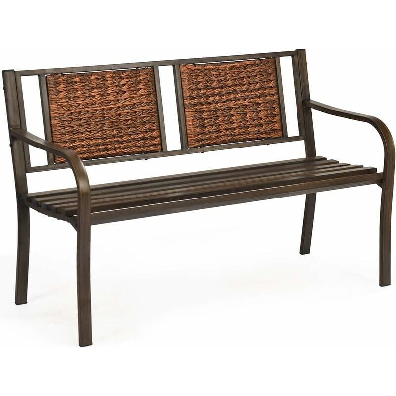 

COSTWAY Banco para Jardín Banco Resistente para Parque Banco Ergonómico con Respaldo Decorativo en Ratán y Reposabrazos Curvados