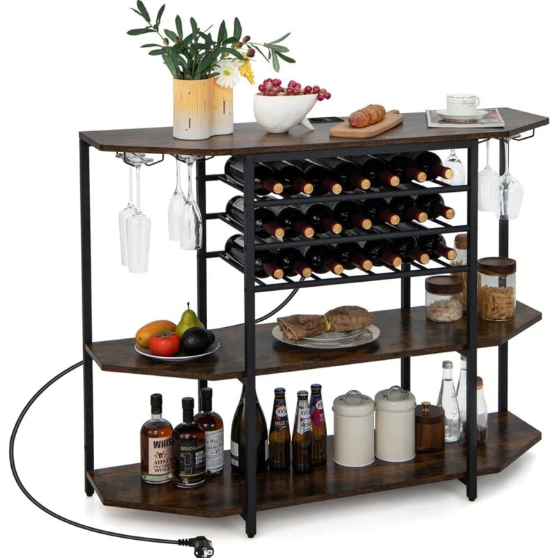 Costway - Bar à Vin Industriel, Étagère à Vin 21 Bouteilles, Étagères de Rangement à 3 Niveaux, Supports en Verre, Prises de Courant, 2 Ports usb,