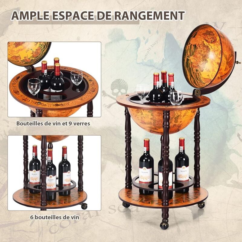 Costway - Bar Globe Terrestre Vintage Mappemonde en Bois d'Eucalyptus avec 3 Roulettes et Style Italien du XVIe Siècle, 47 x 47 x 90CM