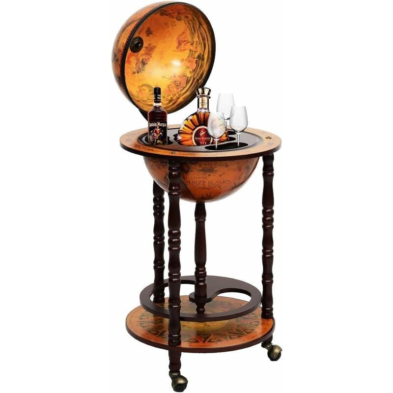 Costway - Bar Globe Terrestre Vintage Mappemonde en Bois d'Eucalyptus Porte-Bouteilles 16e Siècle