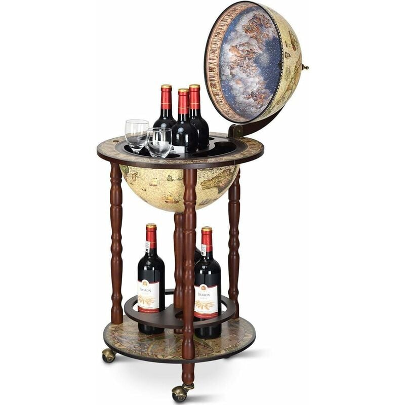 Bar Globe Terrestre Vintage Mappemonde en Bois d'Eucalyptus Porte-Bouteilles Minibar Roulant 16e Siècle - Costway