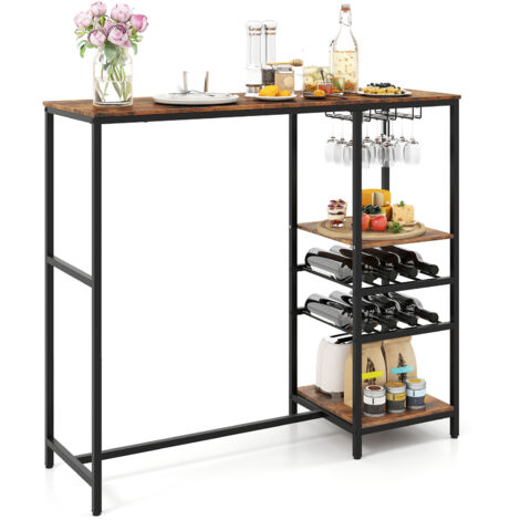 COSTWAY Bar Table 121cm Counter Breakfast Dining High Tables with Shelves-Brown