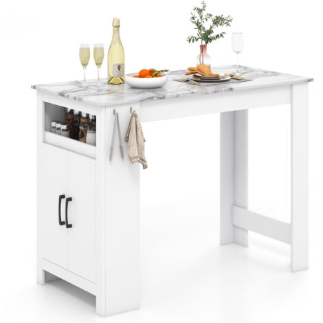 COSTWAY Bar Table Faux Marble Pub Table with 7 Hanging Hooks-White