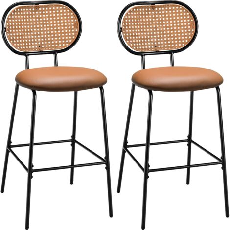 COSTWAY Barhocker 2er Set, Barstuhl mit Rückenlehne aus Rattanimitat, Küchenstühle Höhe 75 cm mit Metallgestell und Fußstütze, Tresenhocker für Bistro, Zuhause, Restaurant