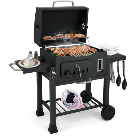COSTWAY Barrel Charcoal Grill 61 cm Barbecue Grill w/2 Folding Side Tables