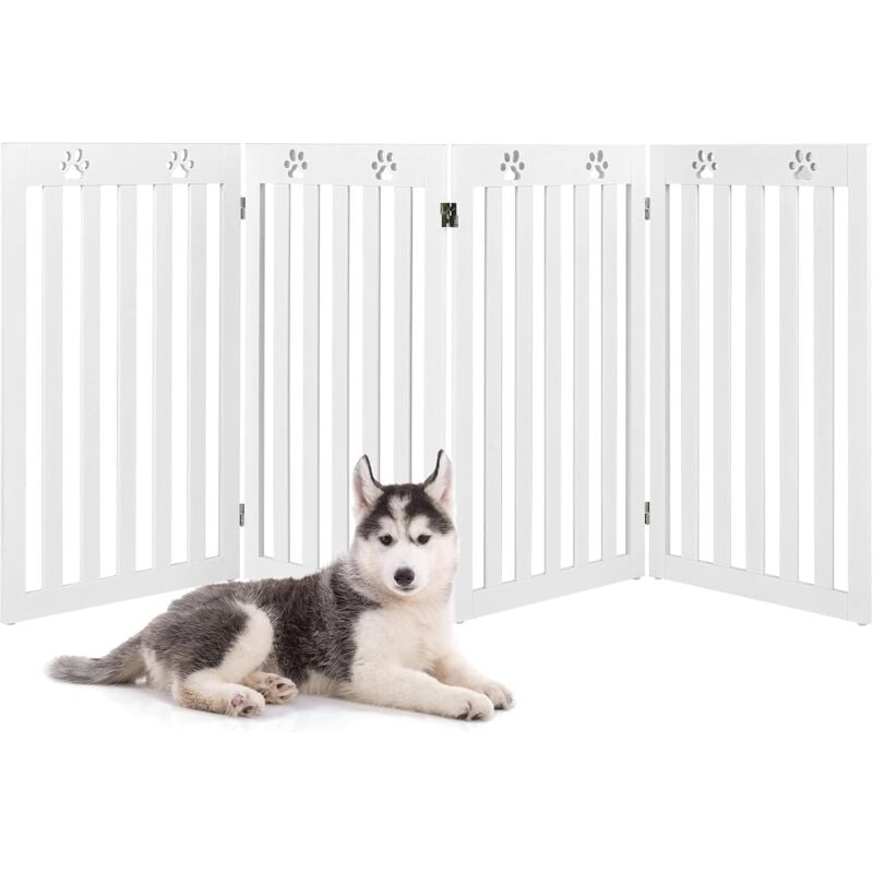 Costway - Barrière Autoportante pour Chien 4 Panneaux en Bois Charnières Métalliques à 360° sans Perçage pour Maison Escaliers Blanc
