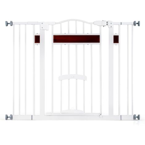 COSTWAY Barriere de Securite Chien Ouverture 74-104 cm, Barriere Chien Chat 2 Extensions, Petit Porte Relevable, Fermeture Verrouillage Automatique, Double Verrouillage, Pression/Matériel Monté, Blanc