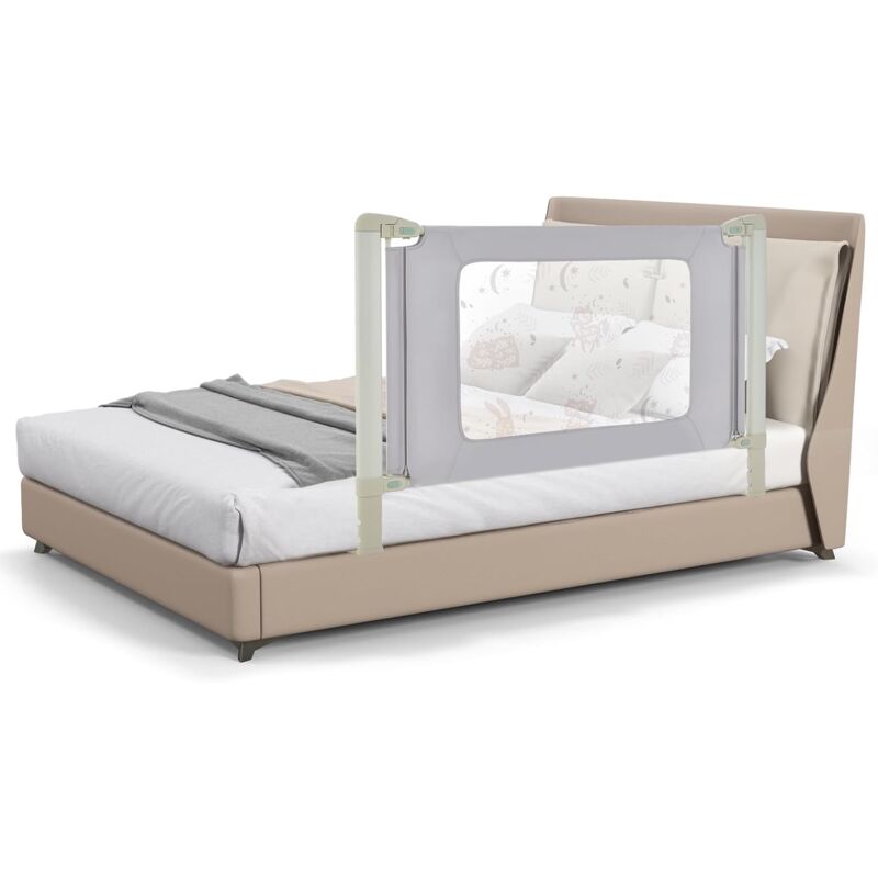 Costway - Barrière de Sécurité de Lit Bébé avec 4 Hauteurs Réglables(80-95cm), Barrière de Lit Enfants avec Motif d'animaux, Double Verrou, Coins