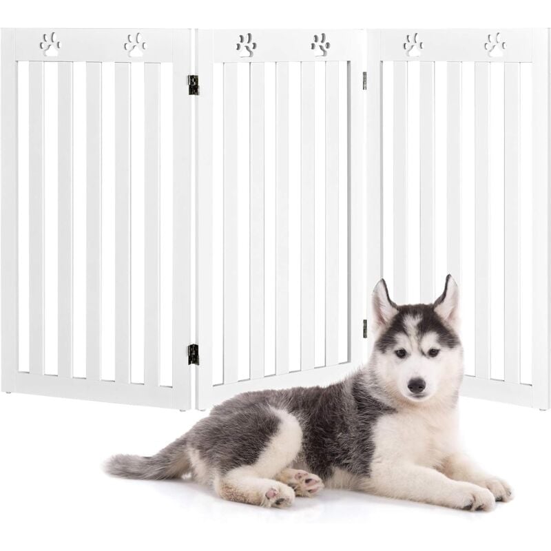 Barrière Autoportante pour Chien 3 Panneaux en Bois Charnières Métalliques à 360° sans Perçage pour Maison Escaliers Blanc - Costway