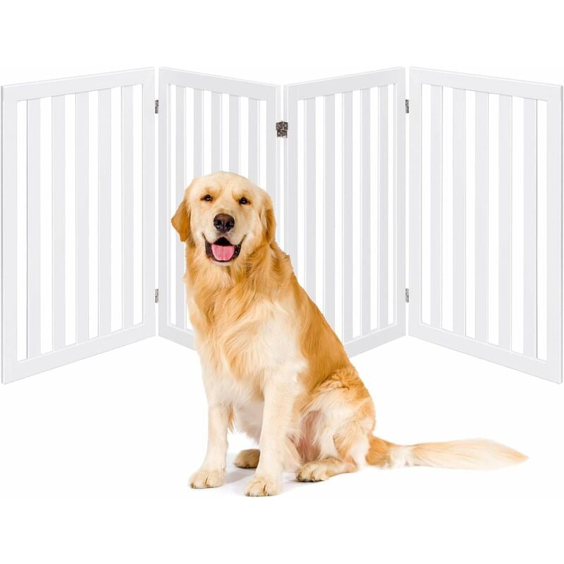 Barrière Autoportante pour Chien 4 Panneaux en Bois Charnières Métalliques à 360° Antidérapants pour Maison Escaliers Blanc - Costway