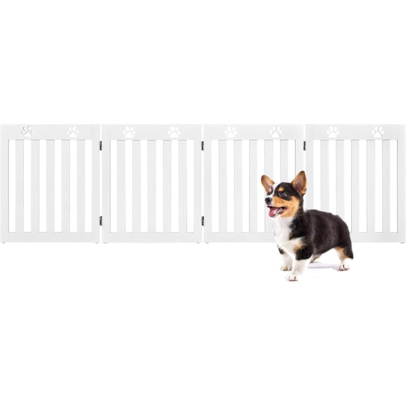 Barrière de Sécurité en Bois pour Chiens avec Charnières Flexibles à 360° et 4 Panneux pou Escaliers,Porte,60CM,Blanc - Costway