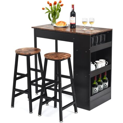 COSTWAY Bartisch mit Barhocker Set, Stehtisch mit 2 Barhockern und 3 Ablageflächen, Tresentisch, Küchentheke, Bartheke, Hausbar für Esszimmer, Wohnzimmer, Industrie-Design, vintagebraun