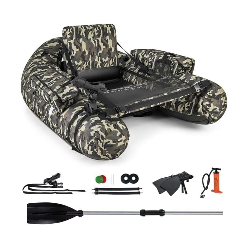Bateau de Pêche Gonflable avec Dossier et Pagaie, Bateau Gonflable avec Règle à Poisson Support de Canne Poches de Rangement Palmes Pompe Sangles