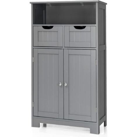 COSTWAY Bathroom Floor Cabinet Wooden Free Standing Storage Cupboard w/ Adjustable Shelf Grey