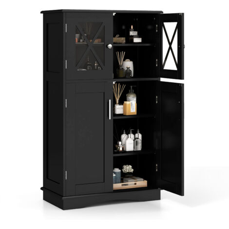 COSTWAY Bathroom Floor Storage Cabinet Freestanding Linen Storage Cabinet w/ 4 Doors & 3 Adjustable Shelves