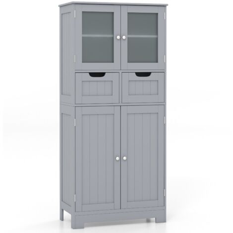 COSTWAY Bathroom Storage Cabinet Tall Freestanding Floor Wood Cabinet Storage Grey