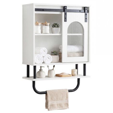COSTWAY Bathroom Wall Cabinet Farmhouse Medicine Cabinet with Sliding Barn Door & Metal Hanging Bar
