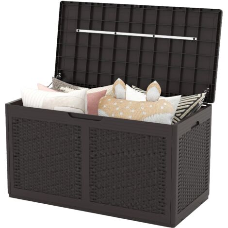 COSTWAY Baule da Esterno 380 L Impermeabile, Cassapanca Contenitore in Rattan con Coperchio Bloccabile e Ruote, Baule Salvaspazio per Mantenere Cuscini e Attrezzi da Interno e Esterno (Marrone)