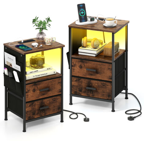COSTWAY Bedroom Nightstand End Table with Charging Station-Brown
