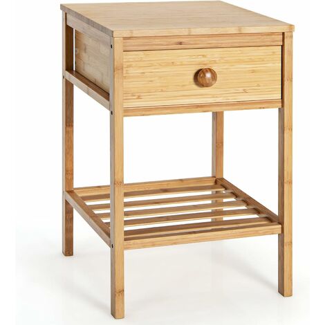 COSTWAY Bedside Table, Bamboo Nightstand Sofa Side End Table with Drawer and Open Storage Shelf, Accent Bedside Cabinet Coffee Tea Table for Home Bedroom Living Room, Natural (1)