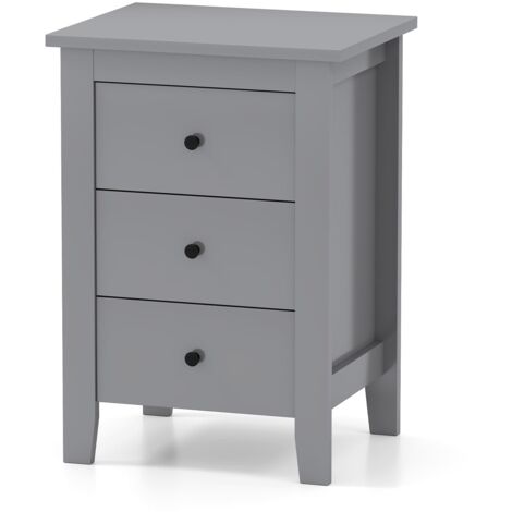 COSTWAY Bedside Table Wooden Nightstand End Side Table w/3 Drawers-Grey