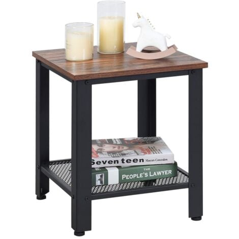 COSTWAY Beistelltisch 2 Ebenen, Sofatisch mit Metallgestell, Kaffeetisch fuer Wohnzimmer Balkon Flur, Telefontisch im Industriedesign, Nachttisch fuers Bett braun und schwarz