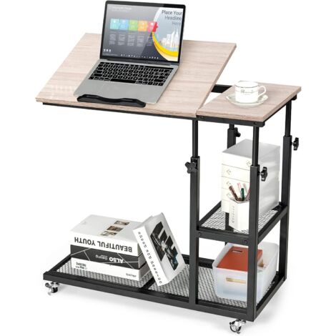 COSTWAY Beistelltisch Holz, höhenverstellbar & neigbar, Sofatisch C-Form, 3 Ebenen Laptoptisch mit Rollen, 80 x 40 x 95 cm, für Wohnzimmer & Schlafzimmer (Natur)