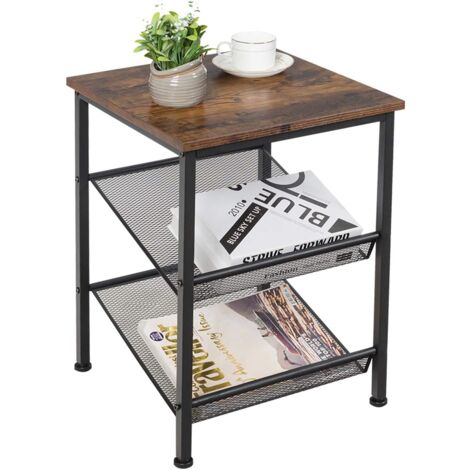 COSTWAY Beistelltisch im Industriedesign, Nachttisch mit Metallgestell, Sofatisch mit Gitterablage, fuer Wohnzimmer Schlafzimmer braun und 3 Etagen