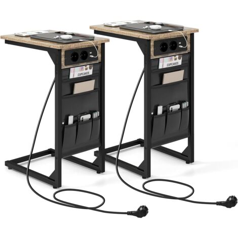 COSTWAY Beistelltisch mit Ladestation & USB Anschlüssen, 2er Set Sofatisch C-Form, Nachttisch mit Seitentasche, 40 x 30 x 60 cm, Vintage