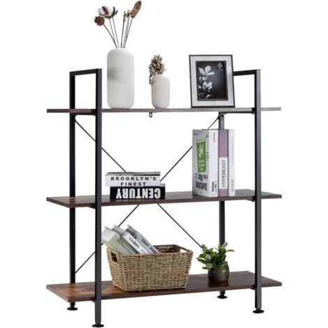 COSTWAY Bibliothèque à 3 Niveaux, Étagère Industrielle avec Cadre en Métal, Présentoir Polyvalent, Organisateur de Rangement pour Salon, Chambre, Bureau, Marron Rustique
