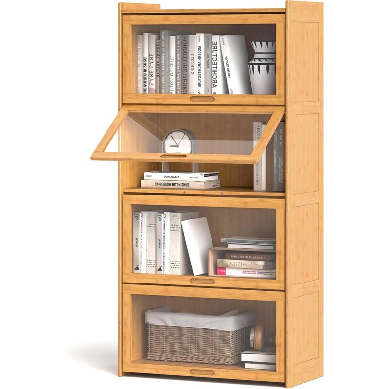 Costway - Bibliothèque à 4 Niveaux avec Portes, Étagère en Bambou de 140 cm avec Portes en Acrylique Transparent, Meuble de Rangement Autonome pour