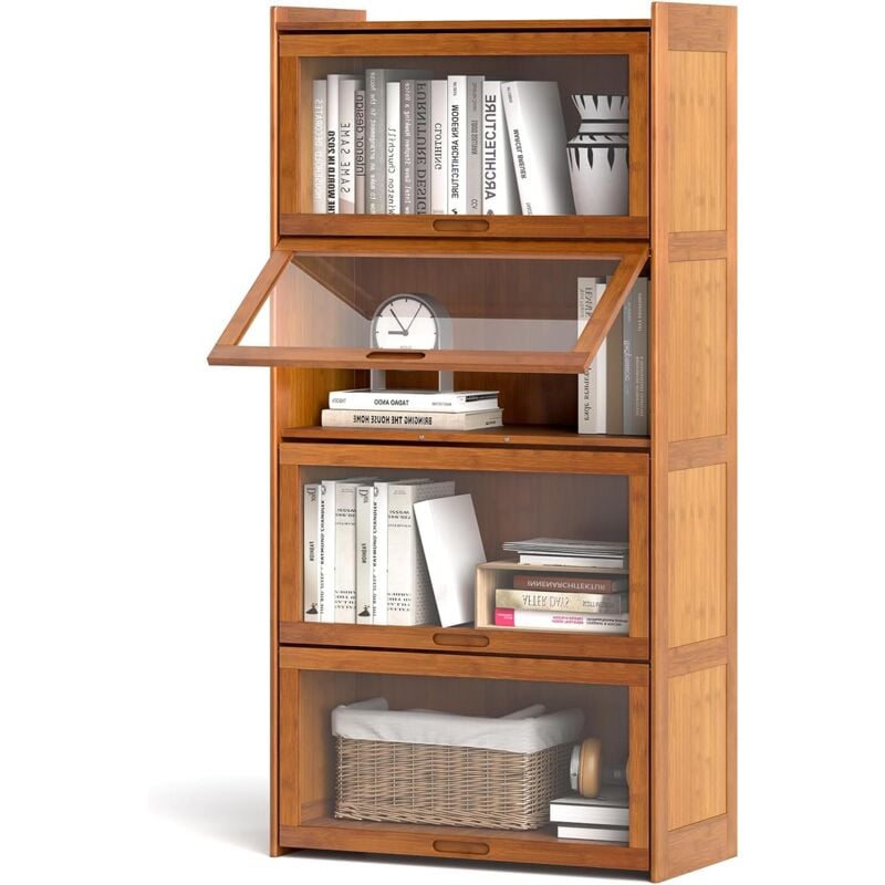 Costway - Bibliothèque à 4 Niveaux avec Portes, Étagère en Bambou de 140 cm avec Portes en Acrylique Transparent, Meuble de Rangement Autonome pour