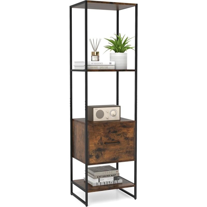 Costway - Bibliothèque à 5 Niveaux avec Tiroir, Bibliothèque Haute et Étroite avec Étagères, Cadre en Métal et Kits Anti-Basculement Doubles, Étagère