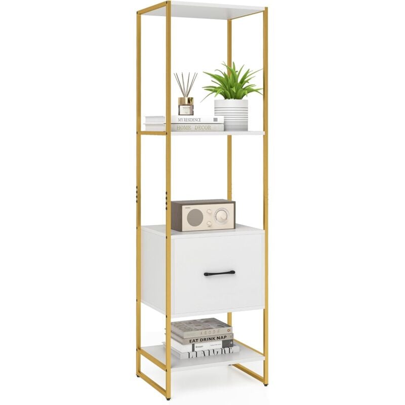 Costway - Bibliothèque à 5 Niveaux avec Tiroir, Bibliothèque Haute et Étroite avec Étagères, Cadre en Métal et Kits Anti-Basculement Doubles, Étagère