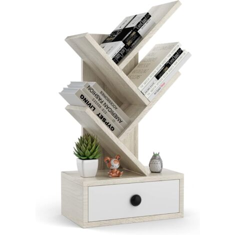COSTWAY Bibliothèque à 5 Niveaux en Forme d’Arbre, Meuble de Rangement sur Pied avec Tiroir, Mini Etagères de Rangement pour CD, Album, Magazines et Livres, Beige