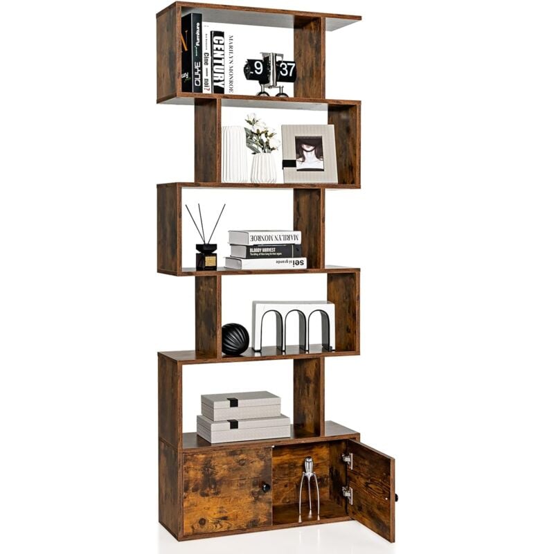 Bibliothèque à 6 Niveaux avec 2 Portes-70 x 23 x 183 CM-Étagère de Rangement en Bois Forme en S-Style Industriel, Marron - Costway