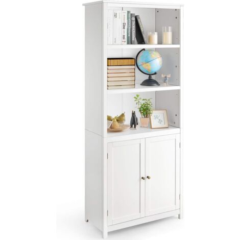 COSTWAY Bibliothèque avec Étagères Réglables de Rangement et Placard 2 Portes à 2 Niveaux, pour Salon/Bureau, 74,5 x 35,5 x 181,5 cm