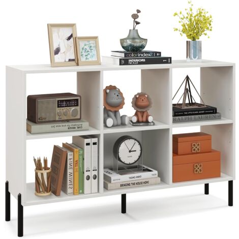 COSTWAY Bibliothèque Cube, Meuble de Rangement en Bois avec Compartiments Ouverts, Pieds en Métal Surélevés, Étagères Réglables, pour Salon, Chambre, Bureau, 35 x 120 x 79,5 cm (Blanc)