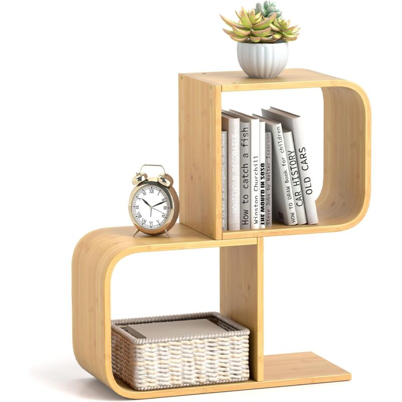 Costway - Bibliothèque en Forme de 's' à 2 Niveaux, Etagère en Bambou avec 2 Cubes Ouverts, Etagère d'angle Géométrique, Etagère de Rangement au Sol,