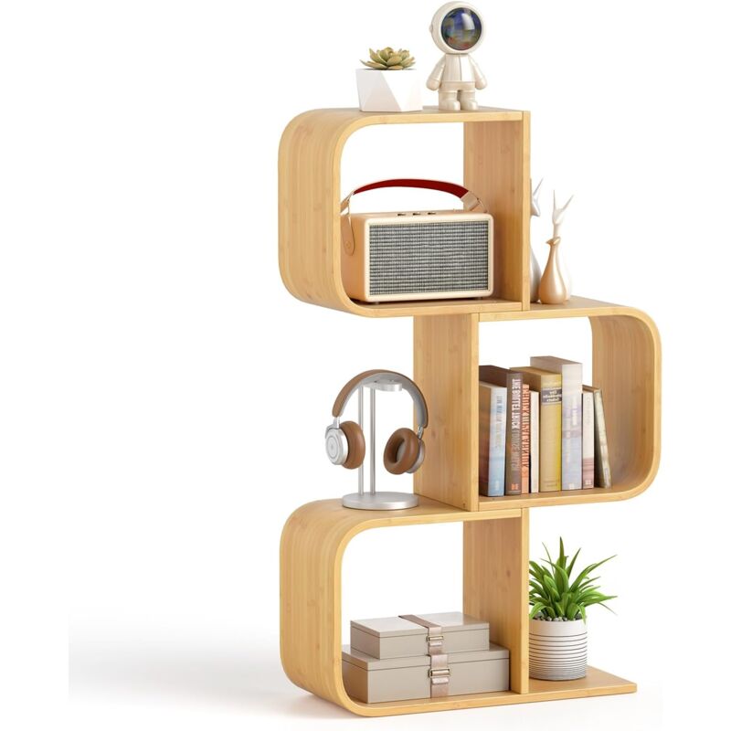 Costway - Bibliothèque en Forme de 's' à 3 Niveaux, Etagère en Bambou avec 3 Cubes Ouverts, Etagère d'angle Géométrique, Etagère de Rangement au Sol,
