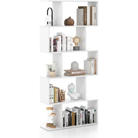 COSTWAY Bibliothèque en Forme de S, Étagère à 5 Niveaux, Meuble de Rangement avec Anti-basculement, 70 x 23,5 x 158 cm, pour Salon, Chambre, Bureau, Blanc