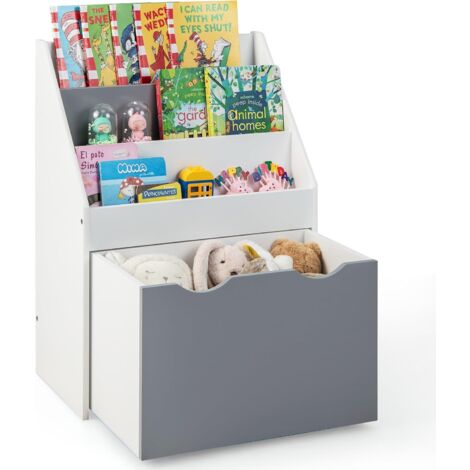 Costway – Bibliothèque enfant 3 étagères avec coffre à jouets roulant – 4 roulettes antidérapantes – Dispositif anti-renversement – Charge 11kg – Dimensions 50x28x70cm