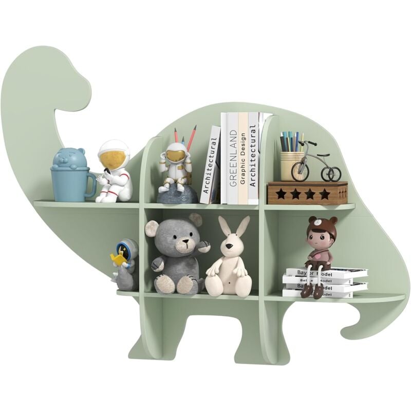 Bibliothèque Enfant Murale à 2 Niveaux en Forme Dinosaure avec 6 Étagères Ouvertes, Étagère à Livres Enfant en Bois avec Structure Stable, Charge