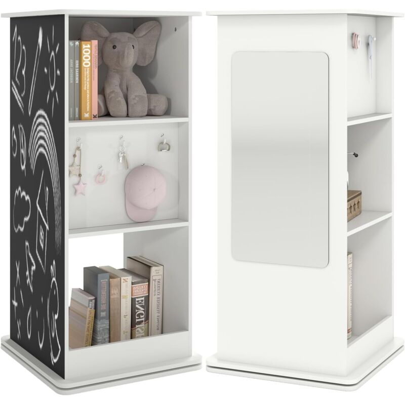 COSTWAY Bibliothèque Enfant Rotative à 360°à 3 Niveaux avec Miroir et Tableau Noir, Étagère à Livres avec 2 Compartiments Ouverts et 8 Crochets,