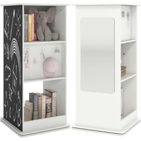COSTWAY Bibliothèque Enfant Rotative à 360°à 3 Niveaux avec Miroir et Tableau Noir, Étagère à Livres avec 2 Compartiments Ouverts et 8 Crochets, Meuble de Rangement pour Livres et Jouets