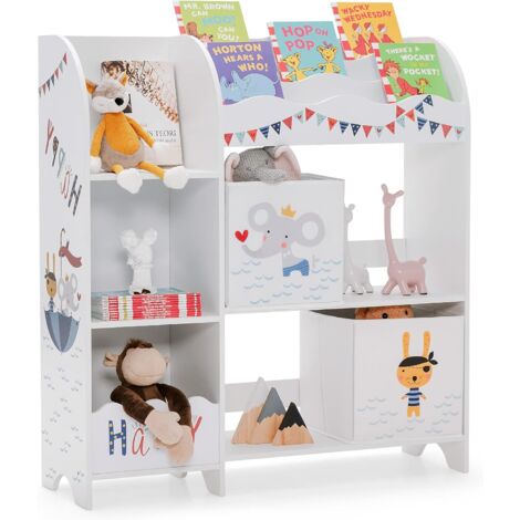 Costway – Bibliothèque enfant thème océan 93 x 30 x 102 cm – 2 tiroirs en tissu amovibles – MDF blanc – Patins antidérapants et dispositif anti-basculement