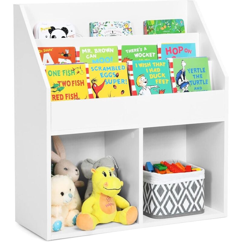 Costway - Bibliothèque Enfants en Bois avec 3 Compartiments & 2 Cubes Ouverts, Étagère de Rangement Jouets avec Hauteur Adaptée, Charge 15kg pour