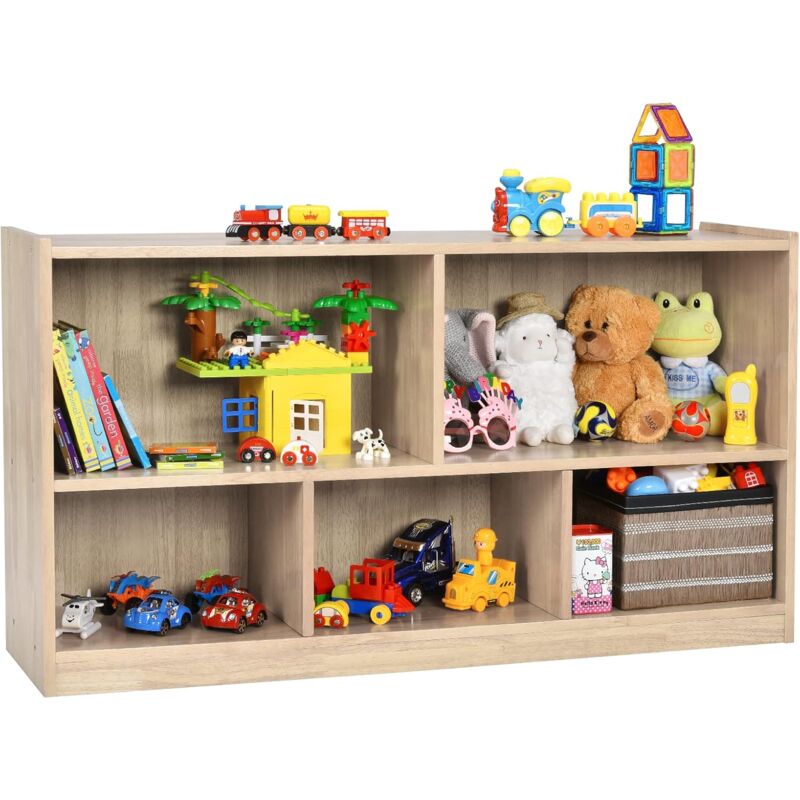 Bibliothèque Enfants en Bois avec 5 Compartiments, Meuble de Rangement pour Jouets & Livres avec Patins Antidérapants, Idéal pour Salon Chambre
