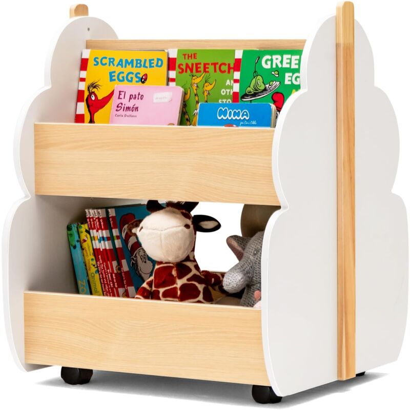Bibliothèque Enfants en Bois avec Forme d'Arbre, Étagère de Rangement Jouets avec 4 Roues Universelles, Organisateur à 2 Niveaux pour Livres Jouets,