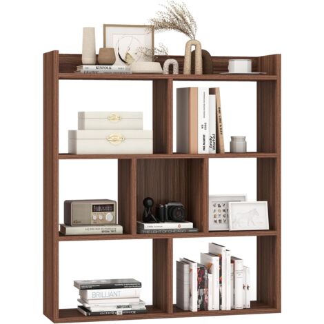 COSTWAY Bibliothèque Étagère 7 Compartiments Ouverte, Meuble de Rangement à 4 Niveaux, Dispositifs Anti-basculement, pour Chambre, Bureau, Salon, 20 x 80 x 90 cm (Noyer)